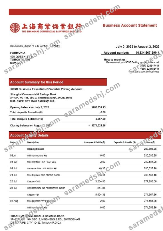Shanghai Commercial & Savings Bank firm account statement Word and PDF template